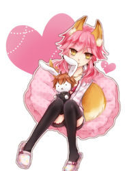 Rule 34 | 10s, 1girl, animal ears, casual, character doll, fate/extra, fate (series), fox ears, fox tail, hood, hoodie, kishinami hakuno (male), official alternate costume, pink hair, slippers, snow-noise, solo, stuffed animal, stuffed rabbit, stuffed toy, tail, tamamo no mae (fate/extra), tamamo no mae (spring casual) (fate), thighhighs, twintails