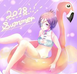 Rule 34 | 1girl, 2018, breasts, chrome dokuro, closed mouth, eyepatch, feet out of frame, highres, katekyo hitman reborn!, looking at viewer, navel, purple eyes, purple hair, short hair, smile, solo, summer, swimsuit