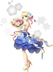 1girl artist_request bag bare_back bare_shoulders blonde_hair blue_dress blue_eyes bouquet breasts detached_sleeves dress fleur-de-lis flower from_side full_body game_cg hair_flower hair_ornament handbag high_heels highres holding holding_bouquet jeanne_d&#039;arc_(legend_clover) jewelry legend_clover necklace official_alternate_costume official_art pearl_necklace third-party_source transparent_background white_footwear