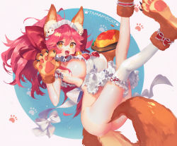 Rule 34 | 1girl, :d, animal ear fluff, animal ears, animal hands, apron, bell, bow, breasts, cat hair ornament, cat paws, character name, collar, commentary request, convenient censoring, covered erect nipples, fang, fate/grand order, fate (series), food, fox ears, fox tail, frilled apron, frilled bow, frilled thighhighs, frills, hair between eyes, hair ornament, heart, holding, holding tray, large breasts, legs up, long hair, looking at viewer, maid headdress, naked apron, neck bell, omelet, omurice, open mouth, paw print, paw shoes, pink hair, ponytail, red bow, red collar, red ribbon, ribbon, shoes, sideboob, single thighhigh, smile, solo, tail, tamamo (fate), tamamo cat (fate), tamamo cat (third ascension) (fate), thighhighs, tray, white apron, white thighhighs, yaku (ziroken), yellow eyes