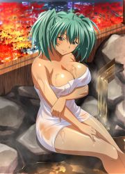 Rule 34 | 1girl, ahoge, aqua hair, bare arms, bare legs, bare shoulders, bath, bathing, blush, breast hold, breasts, closed mouth, curvy, dark-skinned female, dark skin, eyebrows hidden by hair, eyes visible through hair, female focus, from above, green eyes, hair between eyes, half-closed eyes, head tilt, highres, ikkitousen, large breasts, looking at viewer, naked towel, onsen, ryofu housen, seductive smile, shiny skin, short hair, sitting, smile, solo, steam, thick thighs, thighs, towel, twintails, water, wet