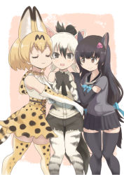 Rule 34 | 10s, 3girls, :3, aardwolf (kemono friends), animal ears, bare shoulders, black hair, black shorts, blonde hair, blush, bow, bowtie, brown eyes, cheek-to-cheek, closed eyes, closed mouth, collar, collared peccary (kemono friends), collared shirt, commentary request, cowboy shot, cutoffs, dangorou (yushi-art), elbow gloves, extra ears, girl sandwich, gloves, hair between eyes, hair bow, hair ornament, hand on another&#039;s hip, hand on another&#039;s shoulder, hand up, hands up, heads together, high-waist skirt, hug, kemono friends, kemono friends festival, long hair, looking at another, low-tied long hair, medium hair, miniskirt, multicolored hair, multiple girls, necktie, open mouth, own hands together, pantyhose, pantyhose under shorts, peccary ears, peccary tail, pocket, print gloves, print legwear, print neckwear, print shirt, print skirt, sandwiched, serval (kemono friends), serval print, serval tail, shirt, short sleeves, shorts, skindentation, skirt, sleeveless, sleeveless shirt, smile, standing, striped tail, sweater, tail, thigh gap, thighhighs, two-tone hair, wavy mouth, white hair, zettai ryouiki