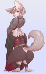 Rule 34 | 1girl, absurdres, animal ear fluff, animal ears, animal nose, apron, ass, black pants, blue eyes, butt crack, centauroid, claws, closed mouth, collared shirt, commentary request, dog ears, dog girl, dog tail, from behind, full body, grey hair, grey shirt, hair between eyes, highres, kneeling, kozuka (dilettante), long sleeves, looking at viewer, maid, original, panties, pants, pantyshot, puffy long sleeves, puffy sleeves, red vest, shadow, shirt, short hair, sidelocks, simple background, smile, solo, stirrup legwear, tail, taur, toeless legwear, underwear, vest, white apron, white background, white panties