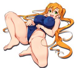Rule 34 | 1girl, :d, ajidot, barefoot, blue one-piece swimsuit, breasts, cameltoe, clothes pull, covered erect nipples, full body, green eyes, highres, large breasts, last origin, long hair, looking at viewer, lying, navel, nereid (last origin), on back, one-piece swimsuit, open mouth, orange hair, pulling own clothes, simple background, smile, solo, swimsuit, twintails, very long hair, white background