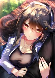 Rule 34 | 1boy, 1girl, admiral (kancolle), anchor necklace, arm hug, black hair, black shirt, blush, breasts, brown eyes, casual, cleavage, collarbone, commentary request, grey skirt, hair between eyes, hair ornament, hairband, hairclip, haruna (kancolle), highres, jacket, jewelry, kantai collection, large breasts, long hair, long skirt, long sleeves, looking to the side, necklace, official alternate costume, outdoors, ring, shirt, sidelocks, skirt, solo focus, tsukui kachou, wedding band, white hairband, white jacket