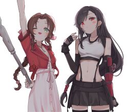 2girls aerith_gainsborough anger_vein arm_up bare_shoulders black_gloves black_hair black_skirt black_thighhighs blush braid braided_ponytail breasts choker closed_mouth collarbone commentary_request cowboy_shot crop_top dress earrings elbow_gloves fangs final_fantasy final_fantasy_vii final_fantasy_vii_rebirth final_fantasy_vii_remake fingerless_gloves gloves green_eyes hair_behind_ear hair_ribbon hand_up highres holding holding_staff jacket jewelry kahlua_(artist) long_hair looking_at_viewer low-tied_long_hair medium_breasts midriff miniskirt multiple_girls navel one_eye_closed open_clothes open_jacket open_mouth parted_bangs pink_dress pink_ribbon red_eyes red_jacket ribbon short_sleeves single_arm_guard skirt small_breasts staff suspender_skirt suspenders swept_bangs tank_top thighhighs tifa_lockhart very_long_hair white_background white_tank_top zettai_ryouiki