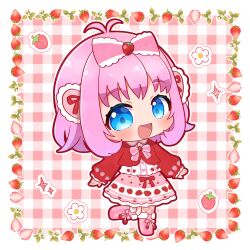 Rule 34 | 1girl, :d, amauri miruki, antenna hair, blue eyes, blush, boots, bow, cardigan, chibi, chii (chi pppuri), commentary, flower, food-themed hair ornament, food print, full body, hair bow, hair ornament, heart, heart hair ornament, highres, long sleeves, looking at viewer, open mouth, pink bow, pink footwear, pink hair, pink skirt, pretty series, print skirt, red cardigan, shirt, shoes, short hair, skirt, smile, solo, sparkle, standing, standing on one leg, strawberry hair ornament, strawberry print, symbol-only commentary, waccha primagi!, white flower, white shirt