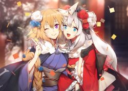Rule 34 | 2girls, alternate costume, blonde hair, blue eyes, blue flower, blue kimono, braid, fate/grand order, fate (series), flower, hair flower, hair ornament, japanese clothes, jeanne d&#039;arc (fate), jeanne d&#039;arc (ruler) (fate), kimono, long braid, long hair, marie antoinette (fate), multiple girls, no-kan, obi, one eye closed, open mouth, outdoors, purple eyes, red flower, red kimono, sash, silver hair, single braid, smile, twintails, v, very long hair, white flower