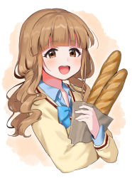 Rule 34 | 1girl, :d, bag, baguette, battle girl high school, blue bow, blue shirt, blunt bangs, bow, bowtie, bread, brown eyes, brown hair, cardigan, food, highres, kiyosato 0928, long hair, looking at viewer, nanashima aoi, open mouth, paper bag, shirt, smile, solo, sweater, upper body, yellow sweater