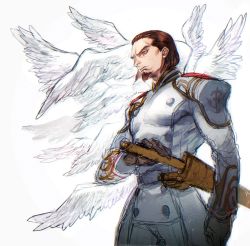 Rule 34 | 1boy, angel wings, belt, belt buckle, brown eyes, brown gloves, brown hair, buckle, closed mouth, credo, devil may cry (series), devil may cry 4, facial hair, gloves, goatee, highres, male focus, multiple wings, scabbard, sheath, simple background, sketch, solo, sword, uniform, weapon, white background, wings, yohane shimizu