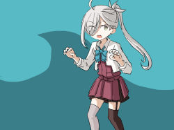 Rule 34 | 1girl, ahoge, asashimo (kancolle), asashimo kai ni (kancolle), asymmetrical legwear, black thighhighs, commentary, curled fingers, english commentary, grey eyes, grey thighhighs, hair over one eye, halterneck, kantai collection, long hair, looking at viewer, mismatched legwear, one-hour drawing challenge, ponytail, school uniform, sharp teeth, silver hair, sixten, sleeves rolled up, solo, standing, teeth, thighhighs, two-tone background