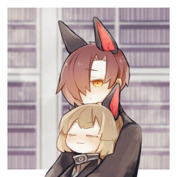 Rule 34 | 1boy, 1girl, :3, animal ears, black jacket, brown hair, closed eyes, closed mouth, commentary request, dog ears, hair over one eye, harvest fes, jacket, librarian (project moon), library of ruina, light brown hair, long sleeves, no nose, project moon, shirt, short hair, white shirt, yellow eyes