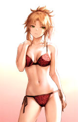 Rule 34 | 1girl, absurdres, animal print, arm at side, blonde hair, bra, braid, breasts, closed mouth, collarbone, contrapposto, cowboy shot, crown braid, fate/apocrypha, fate (series), frown, gradient background, green eyes, hand up, highres, leopard print, looking away, mashuu (neko no oyashiro), medium breasts, mordred (fate), mordred (fate/apocrypha), navel, panties, ponytail, print bra, print panties, red bra, red panties, scan, side-tie panties, sidelocks, simple background, solo, standing, underwear, underwear only