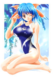 Rule 34 | asuka keisuke, blue hair, breasts, competition swimsuit, highres, huge breasts, large breasts, lunar wing, one-piece swimsuit, patti (lunar wing), solo, swimsuit