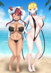 Rule 34 | 2girls, ;d, alternate breast size, arms up, bare shoulders, barefoot, beach, bikini, black bikini, black one-piece swimsuit, blonde hair, blue eyes, blue sky, blunt bangs, blush, breasts, cleavage, closed mouth, clothes pull, cloud, collarbone, commentary request, contrapposto, creatures (company), dark-skinned female, dark skin, day, elesa (pokemon), eyepatch bikini, full body, game freak, gluteal fold, groin, hair between eyes, hair ornament, hand on own hip, headphones, highres, huge breasts, jacket, large breasts, lens flare, long hair, long sleeves, looking at viewer, multiple girls, navel, nintendo, ocean, one-piece swimsuit, one-piece swimsuit pull, one eye closed, one side up, open clothes, open jacket, open mouth, outdoors, palm leaf, pokemon, pokemon bw, rainbow, red hair, shadow, short hair, sidelocks, sky, skyla (pokemon), slingshot swimsuit, smile, standing, stomach, strap pull, string bikini, swept bangs, swimsuit, tan, thigh gap, underboob, white jacket, yue (show-ei)