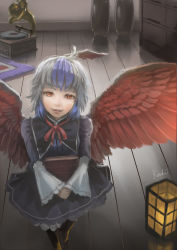 Rule 34 | 1girl, absurdres, ahoge, artist name, bird wings, black dress, blue hair, book, hugging book, chest of drawers, dress, eyebrows, feathered wings, from above, head tilt, highres, holding, holding book, indoors, koshi (koshi vortex), lace-trimmed sleeves, lace trim, lantern, light smile, lips, long sleeves, looking at viewer, looking up, multicolored hair, hugging object, own hands clasped, own hands together, phonograph, red eyes, red lips, red ribbon, ribbon, rug, silver hair, solo, tokiko (touhou), touhou, two-tone hair, vase, wings, wooden floor