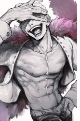 Rule 34 | 1boy, abs, absurdres, coat, covering own eyes, cowboy shot, donquixote doflamingo, earrings, feather coat, hand on own forehead, hand on own hip, highres, jewelry, laughing, male focus, muscular, muscular male, nowosuke, one piece, open clothes, open mouth, pectorals, pink coat, shirt, simple background, sunglasses, teeth, tongue, white background, white shirt