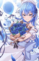 Rule 34 | 1girl, absurdres, balloon, beret, blue flower, blue hair, blue ribbon, blue rose, blurry, blush, bouquet, crown, depth of field, dress, flower, hair between eyes, hair ornament, hair ribbon, hat, highres, holding, holding bouquet, hololive, hoshimachi suisei, long hair, looking at viewer, mini crown, open mouth, ribbon, rose, smile, virtual youtuber, white dress, yozora (1wkdgusdn)