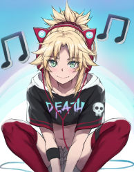 Rule 34 | 1girl, animal ear headphones, animal ears, black shirt, blonde hair, blush, braid, breasts, cat ear headphones, closed mouth, clothes writing, crop top, fake animal ears, fate/apocrypha, fate (series), french braid, green eyes, grey shorts, hair ornament, hair scrunchie, headphones, highres, long hair, looking at viewer, midriff, mordred (fate), mordred (fate/apocrypha), musical note, navel, parted bangs, ponytail, red legwear, red scrunchie, scrunchie, shirt, short sleeves, shorts, sidelocks, skull print, small breasts, smile, squatting, tonee