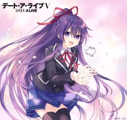 Rule 34 | 1girl, black jacket, black thighhighs, blue skirt, blush, breasts, cherry blossoms, commentary request, copyright name, cowboy shot, date a live, falling petals, hair between eyes, high ponytail, holding, holding petal, jacket, long hair, looking at viewer, medium breasts, official art, open mouth, petals, pink petals, pleated skirt, purple eyes, purple hair, raizen high school uniform, red ribbon, ribbon, school uniform, shirt, signature, skirt, smile, solo, thighhighs, tsunako, very long hair, white shirt, white trim, yatogami tooka