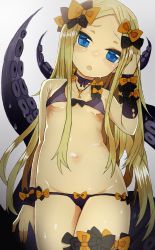 Rule 34 | 1girl, abigail williams (fate), abigail williams (second ascension) (fate), bare shoulders, bikini, black bikini, black bow, blonde hair, blue eyes, blush, bow, breasts, fate/grand order, fate (series), forehead, hair bow, izuoku, jewelry, key, long hair, looking at viewer, multiple hair bows, necklace, open mouth, orange bow, parted bangs, polka dot, polka dot bow, small breasts, solo, swimsuit, tentacles