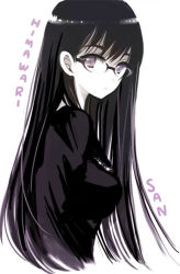 1girl black-framed_eyewear black_hair black_shirt breasts character_name commentary_request copyright_name cropped_torso expressionless from_side glasses himawari-san himawari-san_(character) long_hair looking_at_viewer medium_breasts purple_eyes shirt solo sugano_manami white_background