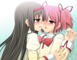 Rule 34 | 10s, 2girls, akemi homura, black hair, blush, face-to-face, imminent kiss, kaname madoka, long hair, mahou shoujo madoka magica, mahou shoujo madoka magica (anime), mouth hold, multiple girls, open mouth, pink eyes, pink hair, purple eyes, ribbon, ribbon in mouth, school uniform, sen (astronomy), short hair, tears, twintails, upper body, yuri