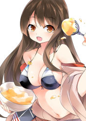 Rule 34 | 10s, 1girl, :d, akagi (kancolle), alternate costume, bad id, bad pixiv id, bare shoulders, bikini, black bikini, breasts, brown eyes, brown hair, cleavage, kantai collection, large breasts, long hair, looking at viewer, mixing bowl, navel, open mouth, simple background, smile, solo, swimsuit, whisk, white background, yostxxx