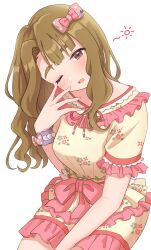 Rule 34 | 1girl, blue scrunchie, blush, bow, breasts, brown eyes, brown hair, dot nose, floral print, frilled pajamas, hair bow, hair ribbon, highres, idolmaster, idolmaster million live!, idolmaster million live! theater days, invisible chair, kahiika, long hair, looking at viewer, medium breasts, miyao miya, one eye closed, open mouth, pajamas, pink bow, pink ribbon, pink trim, print pajamas, ribbon, scrunchie, simple background, sitting, sleepy, smile, solo, squeans, tears, thick eyebrows, waist bow, white background, wrist scrunchie, yellow pajamas