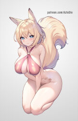 Rule 34 | 1girl, ai-assisted, animal ears, aztodio, blonde hair, blue eyes, bottomless, breasts, closed mouth, commentary, english commentary, gradient background, grey background, hair between eyes, large breasts, looking at viewer, original, patreon username, short hair, sitting, solo, squirrel ears, squirrel girl, wariza