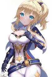 Rule 34 | 1girl, absurdres, belt, blonde hair, blue capelet, blue eyes, blush, bow, breasts, capelet, cleavage, gauntlets, genshin impact, hair bow, highres, jean (genshin impact), large breasts, long hair, looking at viewer, multicolored capelet, open mouth, pants, phumanchew, ponytail, sidelocks, simple background, solo, tight clothes, tight pants, white pants