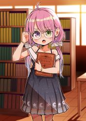 Rule 34 | 1girl, absurdres, adjusting eyewear, ahoge, arm up, black dress, book, bookshelf, candy hair ornament, dress, earrings, eyebrows, food-themed hair ornament, fushicho, glasses, hair ornament, heterochromia, highres, himemori luna, himemori luna (sundress), hololive, indoors, jewelry, library, long hair, looking at viewer, low twintails, open mouth, pink hair, solo, sundress, table, twintails, virtual youtuber