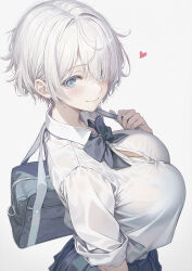 Rule 34 | 1girl, bag, blue eyes, blush, bow, bowtie, bra visible through clothes, breasts, closed mouth, collared shirt, hair between eyes, heart, huge breasts, kurono mitsuki, large breasts, looking at viewer, original, pleated skirt, school bag, school uniform, see-through, see-through shirt, shirt, short hair, simple background, skirt, sleeves rolled up, smile, solo, white hair, white shirt