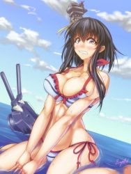 Rule 34 | 10s, 1girl, bikini, black hair, breasts, cleavage, clenched teeth, hair ornament, hair ribbon, highres, kantai collection, large breasts, red eyes, ribbon, short hair with long locks, side-tie bikini bottom, signature, sitting, solo, swimsuit, tears, teeth, turret, wariza, water, yamashiro (kancolle), zephid