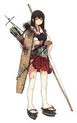 Rule 34 | 10s, 1girl, akagi (kancolle), archery, arrow (projectile), blush, bow (weapon), brown eyes, brown hair, clog sandals, damaged, flight deck, full body, gloves, hakama, hakama short skirt, hakama skirt, japanese clothes, kantai collection, kyuudou, long hair, muneate, official art, okobo, personification, quiver, radio antenna, sandals, shibafu (glock23), single glove, skirt, solo, tabi, tears, thighhighs, torn clothes, torn thighhighs, transparent background, weapon, white thighhighs