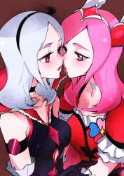Rule 34 | 00s, 2girls, armband, black neckwear, choker, cure passion, dark persona, dual persona, eas (fresh precure!), fresh precure!, gloves, grey hair, hairband, higashi setsuna, highres, imminent kiss, long hair, magical girl, multiple girls, open mouth, pink eyes, pink hair, precure, red eyes, selfcest, tima, time paradox, white choker, yuri