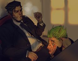 Rule 34 | 2boys, age difference, beard, cigar, cum, cum in mouth, desk, erection, facial hair, family, father and son, fellatio, formal, genji (overwatch), green hair, incest, male focus, multiple boys, necktie, oral, overwatch, overwatch 1, penis, scar, sitting, smoke, smoking, suit, yaoi, yuutayo