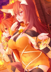 Rule 34 | 2girls, :d, alternate costume, animal ear fluff, animal ears, between breasts, black legwear, breasts, brown hair, bucket, candy, cleavage, collar, commentary request, food, garter straps, green eyes, halloween, highres, imaizumi kagerou, koha, large breasts, long hair, looking at viewer, multiple girls, open mouth, orange hair, outdoors, red eyes, sekibanki, smile, sunset, thighhighs, touhou, wolf ears