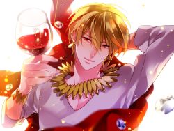 Rule 34 | 1boy, alcohol, blonde hair, bracelet, casual, cloak, cup, drinking glass, fate/zero, fate (series), gem, gilgamesh (fate), jewelry, male focus, matsuo shin, necklace, official alternate costume, red eyes, short hair, solo, wine, wine glass