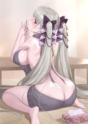Rule 34 | 1girl, ass, azur lane, backless dress, backless outfit, bare back, bare shoulders, barefoot, black nails, blush, breasts, butt crack, crystal shoujo, dress, fingers together, formidable (azur lane), from behind, grey hair, hair ribbon, halterneck, highres, large breasts, long hair, looking at viewer, looking back, meme attire, nail polish, naked sweater, red eyes, ribbed sweater, ribbon, sideboob, sitting, solo, sweater, sweater dress, turtleneck, turtleneck sweater, twintails, two-tone ribbon, very long hair, virgin killer sweater, wariza