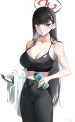 Rule 34 | 1girl, bare shoulders, black hair, black pants, black sports bra, blue archive, blush, breasts, cleavage, collarbone, hair ornament, hairclip, halo, highres, large breasts, long hair, looking at viewer, pants, red eyes, rio (blue archive), ryudraw, solo, sports bra, thighs, tight clothes, tight pants, towel, yoga pants