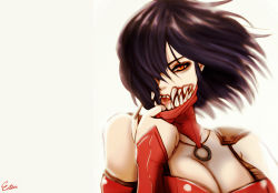 Rule 34 | 1girl, black hair, breasts, cleavage, esther shen, fangs, female focus, hair over one eye, half mask, large breasts, lips, looking at viewer, mask, mileena (mortal kombat), mortal kombat (series), mortal kombat x, mouth mask, ninja, nose, orange eyes, sharp teeth, short hair, solo, teeth, upper body, yellow eyes