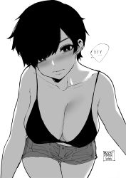 Rule 34 | 1girl, absurdres, artist name, blush, breasts, cleavage, collarbone, commentary, cowboy shot, english text, greyscale, highres, large breasts, leaning forward, looking at viewer, monochrome, norman maggot, olive laurentia, original, parted bangs, parted lips, pixie cut, short hair, short shorts, shorts, simple background, solo, speech bubble, thighs