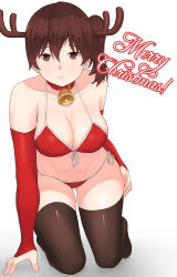Rule 34 | 10s, 1girl, antlers, bell, bikini, breasts, brown eyes, brown hair, christmas, collar, franham, front-tie top, highres, horns, kaga (kancolle), kantai collection, looking at viewer, merry christmas, neck bell, red bikini, reindeer antlers, side-tie bikini bottom, side ponytail, smile, solo, swimsuit, thighhighs