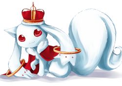 Rule 34 | 10s, :3, bad id, bad pixiv id, cape, closed mouth, creature, crown, full body, fur-trimmed cape, fur trim, kenneos, kyubey, looking at viewer, mahou shoujo madoka magica, mahou shoujo madoka magica (anime), no humans, red eyes, simple background, transparent background, white background, white theme