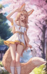 Rule 34 | 1girl, :d, ahoge, animal ear piercing, animal ears, arm up, bag, braid, brown eyes, brown hair, cherry blossoms, cleft of venus, dress, earrings, exhibitionism, fangs, feet out of frame, flat chest, fox ears, fox girl, fox tail, handbag, highres, holding, holding bag, jewelry, khiara (personal ami), large tail, long hair, looking at viewer, no panties, off-shoulder dress, off shoulder, open mouth, original, outdoors, personal ami, public indecency, pussy, side braids, signature, smile, socks, solo, tail, teeth, uncensored, upper teeth only, very long hair, white dress, white socks