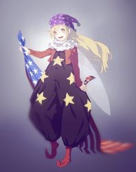 Rule 34 | 1girl, alternate costume, american flag, baggy pants, blonde hair, clownpiece, fairy wings, full body, hat, jester, jester cap, long hair, looking at viewer, neck ruff, open mouth, pants, polka dot, smile, solo, standing, star (symbol), touhou, wings, yamamomo (plank)