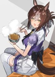 Rule 34 | 1girl, animal ears, brown hair, chopsticks, fang, fine motion (umamusume), folded ponytail, food, from behind, green eyes, highres, holding, holding food, horse ears, horse girl, horse tail, katsu (food), katsudon (food), looking at viewer, looking back, multicolored hair, open mouth, pleated skirt, school uniform, sitting, skin fang, skirt, solo, streaked hair, tail, the olphy, thighhighs, tracen school uniform, umamusume, white skirt, white thighhighs