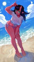 Rule 34 | 1girl, absurdres, barefoot, beach, bikini, bikini bottom only, black hair, blue sky, breasts, cloud, cloudy sky, colored skin, commentary, dated commentary, day, demon girl, full body, green eyes, hand on leg, highres, horns, huge filesize, large breasts, leaning forward, lens flare, midriff, navel, original, outdoors, paid reward available, parted lips, pink skin, pointy ears, print shirt, shirt, short sleeves, sky, solo, standing, swimsuit, white shirt, zambiie