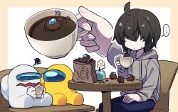 Rule 34 | ..., 6+others, ahoge, ambiguous gender, among us, androgynous, bag, blue pants, brown (among us), chair, coffee, coffee beans, crewmate (among us), cup, disembodied hand, disposable cup, english text, flower, grey hoodie, holding, holding cup, hood, hood down, hoodie, impostor (among us), kiman, looking at another, minimized, multiple others, no eyes, original, pants, scowl, short hair, sidelocks, sitting, spacesuit, spoken ellipsis, squiggle, sweatdrop, table, teacup, they (kiman), twitter username, vase, watermark, waving, white (among us), yellow (among us)